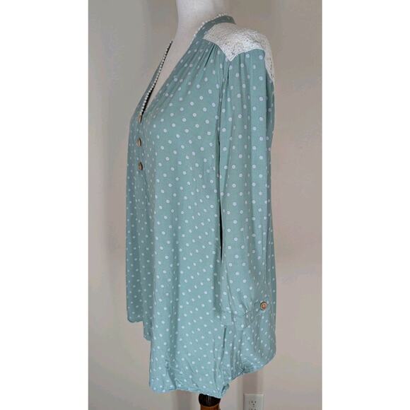 Matilda Jane Womens Enticing Eyelet Top Size XL Green Polka Dot Lace Peasant - Picture 3 of 11